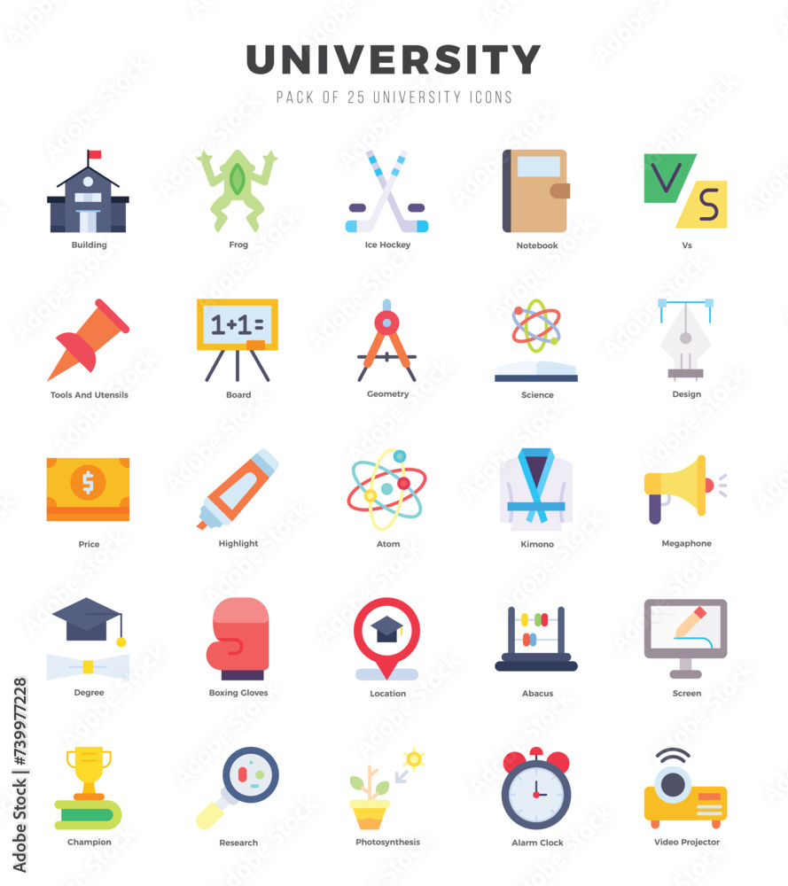University elements. Flat web icon set. Simple vector illustration.