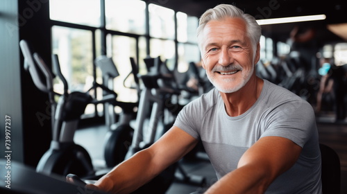 Attractive senior man with stylish grey beard running on track in gym. Man in sports center.