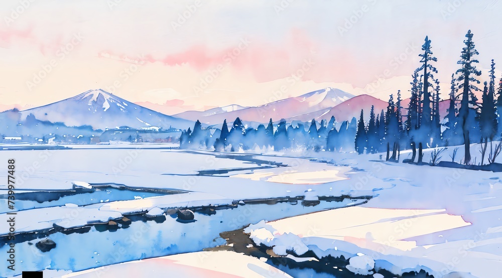 Obraz premium 水彩画背景_日本の冬の雪山_03