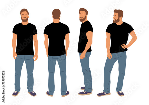 Casual man character standing in different poses front, rear, side view. Handsome bearded guy in black t-shirt, blue jeans, sneakers. Set of vector realistic illustrations on transparent background.