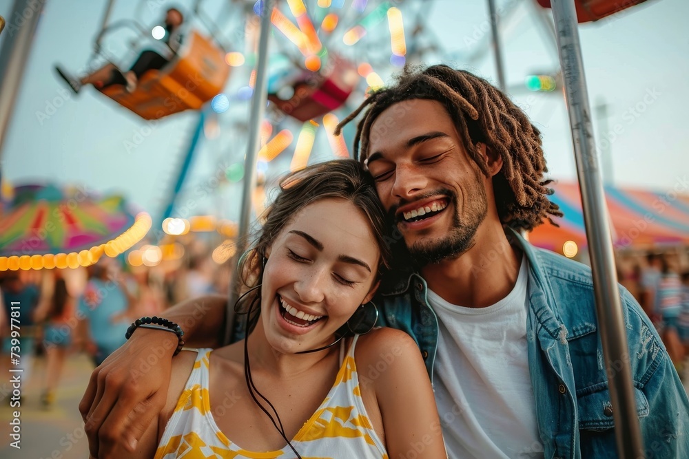 A joyful couple embraces the carefree atmosphere of a summer fair, their radiant smiles reflecting the bright blue sky above, surrounded by the colorful clothing and playful energy of the carnival A joyful couple embraces the carefree atmosphere of a summer fair, their radiant smiles reflecting the bright blue sky above, surrounded by the colorful clothing and playful energy of the carnival