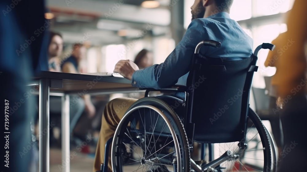 An employee works in a wheelchair in the office