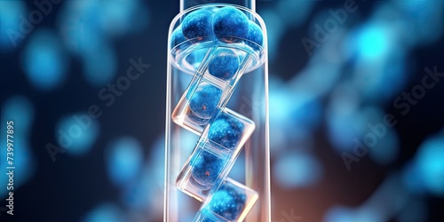 3D image of DNA bottle, cell structure model with DNA, medical capsule and transparent cells