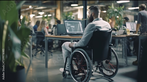An employee works in a wheelchair in the office