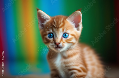 a generative AI image with the concept of pride month. A small striped kitten with blue eyes on the background of the colors of the LGBT flag, pride month © Екатерина Абатурова