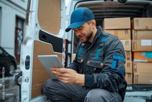 A man wearing a hat sits in a van on a bustling street, his human face illuminated by the glow of his tablet as he navigates through the world in the comfort of his vehicle
