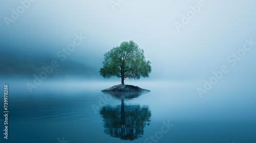 A lonely tree in the middle of a lake on a small island during the morning fog.