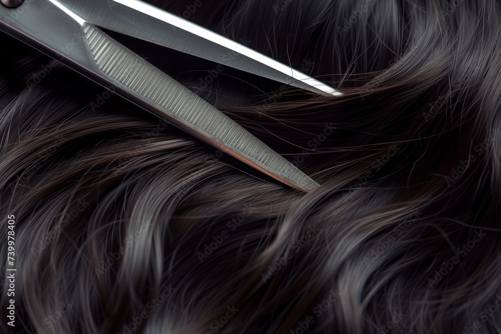 closeup of scissors cutting through dark hair - obrazy, fototapety, plakaty 