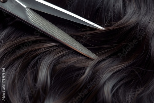 closeup of scissors cutting through dark hair photo