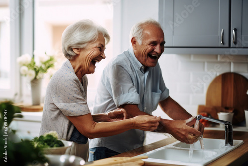 Caucasian married senior mature couple washing dishes in the kitchen photo