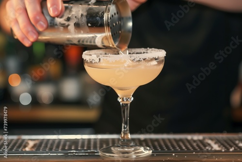 barman straining a cocktail into a chilled glass photo