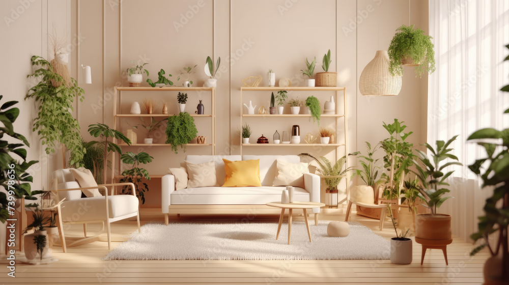 Minimalist living room with indoor plants