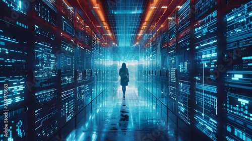 Woman Walking in a Futuristic Data Center Corridor