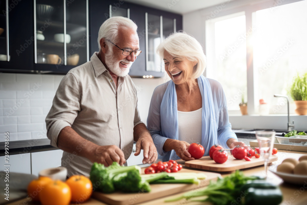 Caucasian married senior mature couple cooking in the kitchen Caucasian married senior mature couple cooking in the kitchen