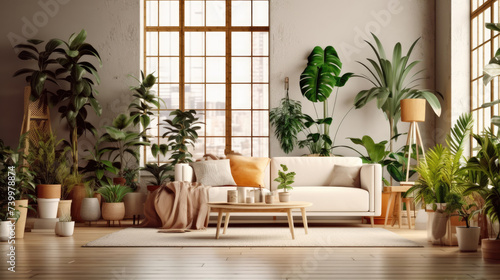 Minimalist living room with indoor plants