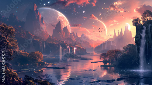 An ethereal space vista where fantastical creatures soar between floating islands and cosmic waterfalls under a sky lit by twin moons and distant galaxies