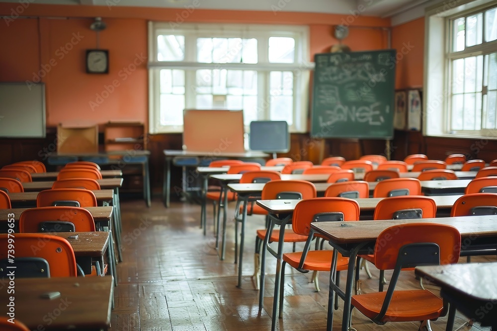 An abandoned classroom with vibrant orange chairs, surrounded by bare walls and echoing halls, stands as a silent reminder of the bustling energy that once filled this educational space An abandoned classroom with vibrant orange chairs, surrounded by bare walls and echoing halls, stands as a silent reminder of the bustling energy that once filled this educational space