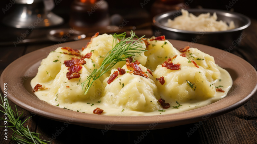 Traditional Czech Tender potato dumplings with bacon and cabbage Traditional Czech Tender potato dumplings with bacon and cabbage