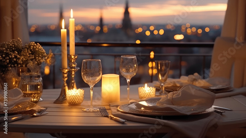 Rooftop terrace with festive table for romantic candlelight dinners