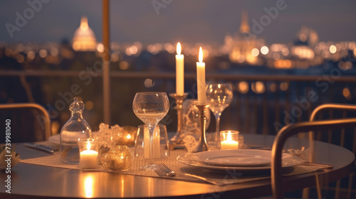 Rooftop terrace with festive table for romantic candlelight dinners photo