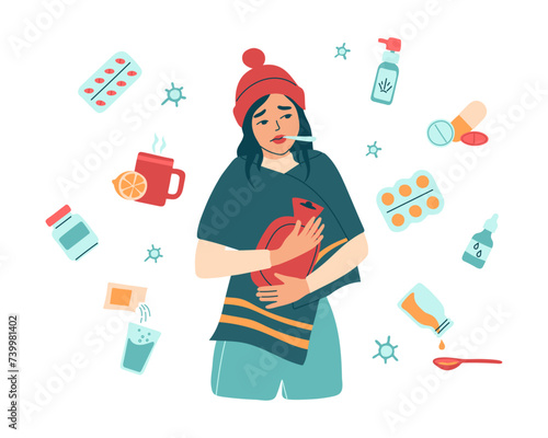 Young woman sick with a cold or flu with a thermometer and a heating pad in a warm scarf surrounded by medicines. Unhealthy, illness girl takes pills, sprays for fever. Isolated vector illustration