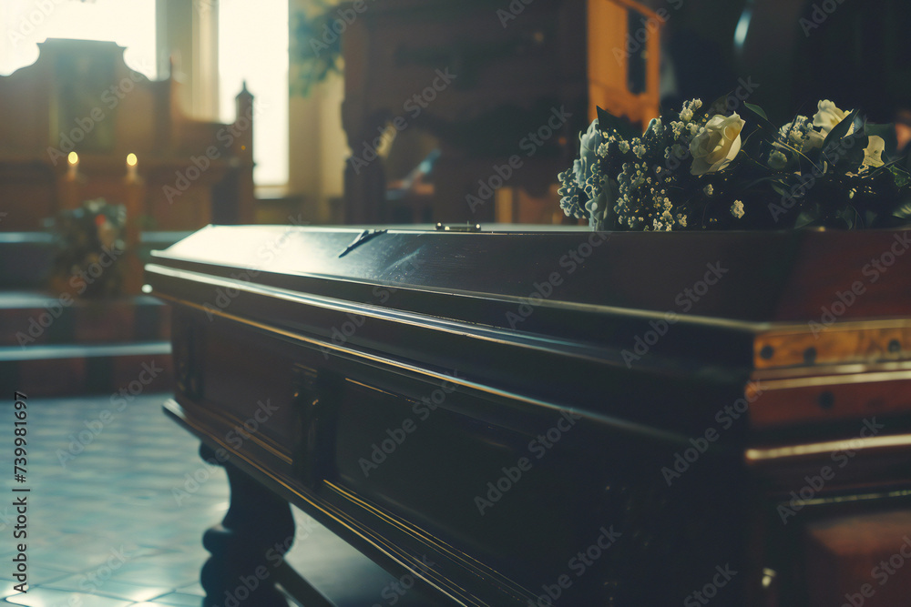 Death of a loved one by the family. Mourning funeral and coffin - obrazy, fototapety, plakaty 