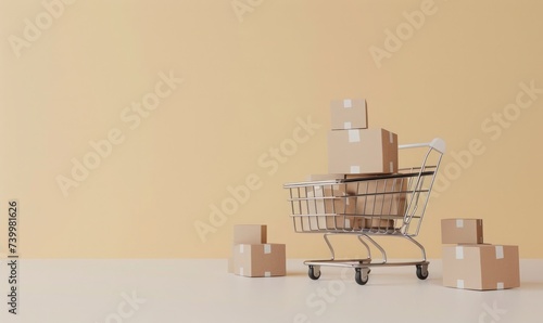 shopping trolley with cardboard inside, e commerce illustration