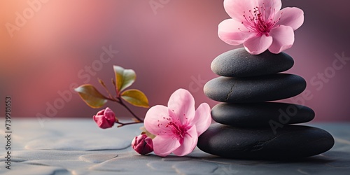 a stack of black stones with pink flowers