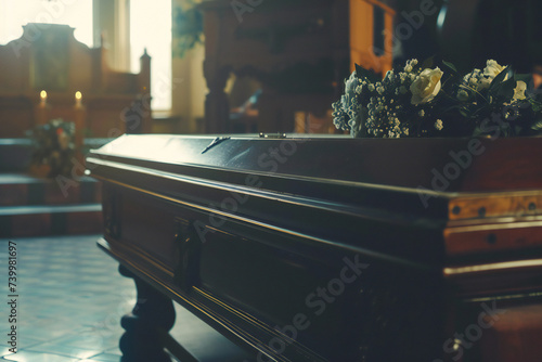 Death of a loved one by the family. Mourning funeral and coffin