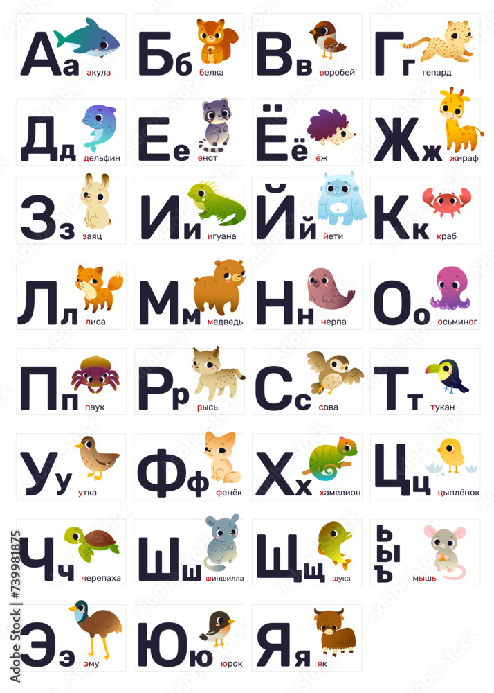 Cute russian alphabet for kids with animals. Abc learning decorative poster with cartoon wild animals. Cute russian alphabet for kids with animals. Abc learning decorative poster with cartoon wild animals.