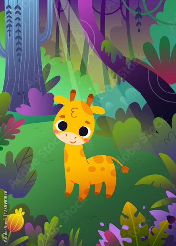 Cartoon poster with baby giraffe in the rainforest. Bright vector illustration with tropical landscape.