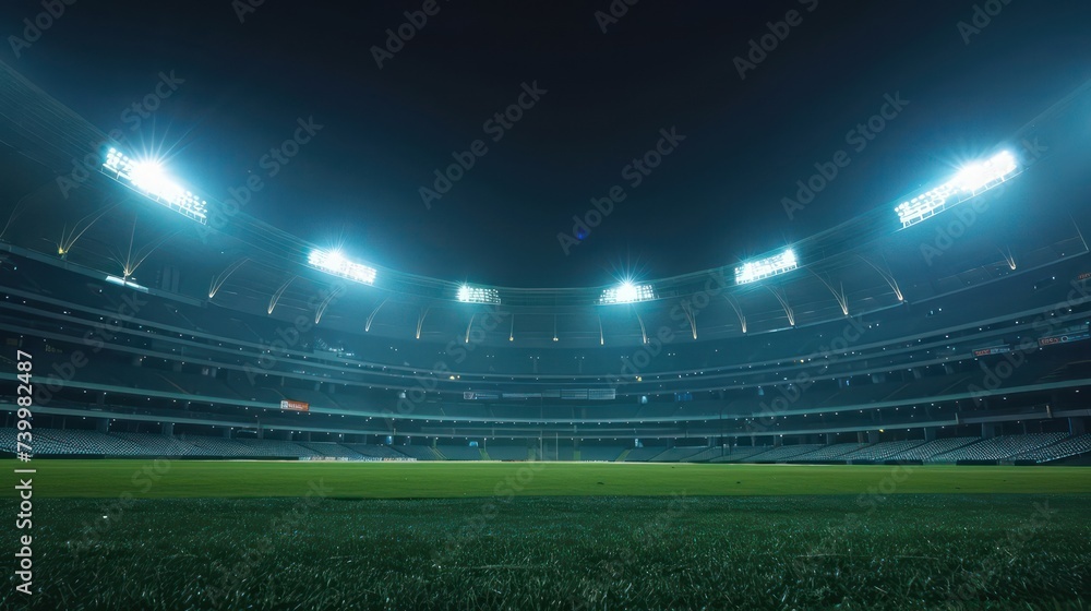 Football stadium arena for match with spotlight. Soccer sport background, green grass field for competition champion match. - obrazy, fototapety, plakaty 