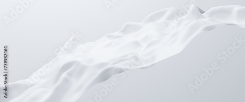 Abstract background design of white silver fabric background. Smooth elegant fashion flying satin silk cloth design for product display. Horizontal format wallpaper.Copy space. 3d render illustration.