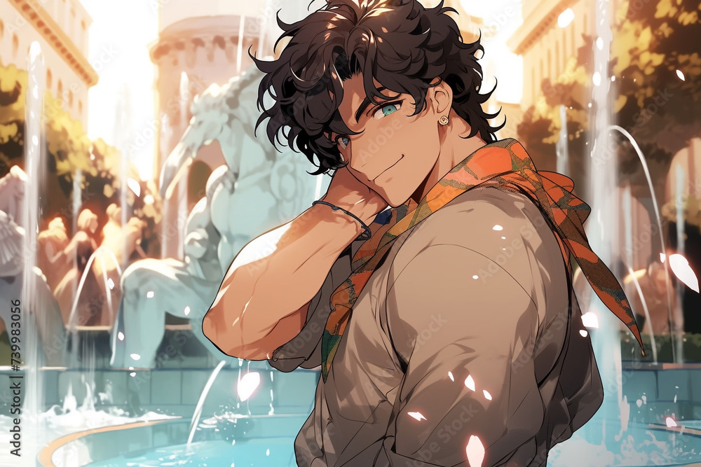 The curly-haired man looked cool against the backdrop of the fountain - obrazy, fototapety, plakaty 
