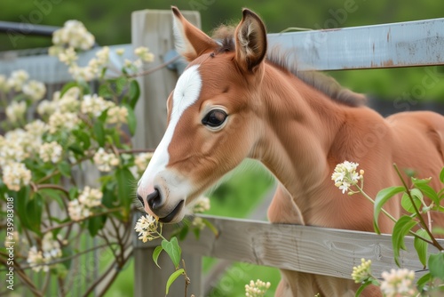 foal standing by a fence, nose to honeysuckles photo