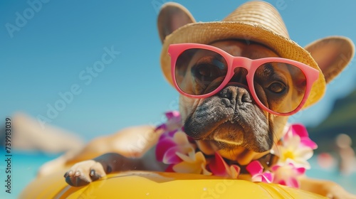 Hello Summer. Super cute french bulldog dog wearing straw hat and swimming in the pool. Ai generated image