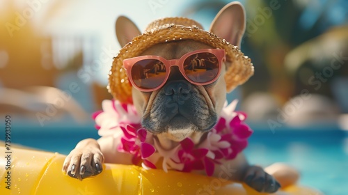 Hello Summer. Super cute french bulldog dog wearing straw hat and swimming in the pool. Ai generated image