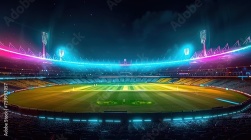 Cricket, Stadium of cricket night. colorful lights cricket world cup photo