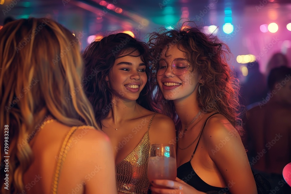 A group of fashionable women in a vibrant nightclub, adorned with glossy lips and trendy fashion accessories, smiling and enjoying a lively event filled with music and nightlife A group of fashionable women in a vibrant nightclub, adorned with glossy lips and trendy fashion accessories, smiling and enjoying a lively event filled with music and nightlife