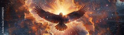 Cosmic dance of an eagle with spread wings sun flares and black hole gravity a universe merging photo