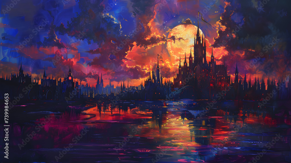 Abstract full moon and castle on the river fantasy landscape illustration