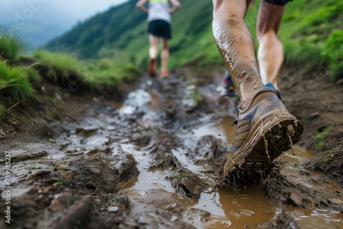 runners sneakers slipping on a muddy mountain path during a trail run photo