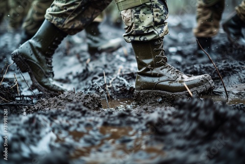 soldiers boots trudging through thick mud in a military training camp photo