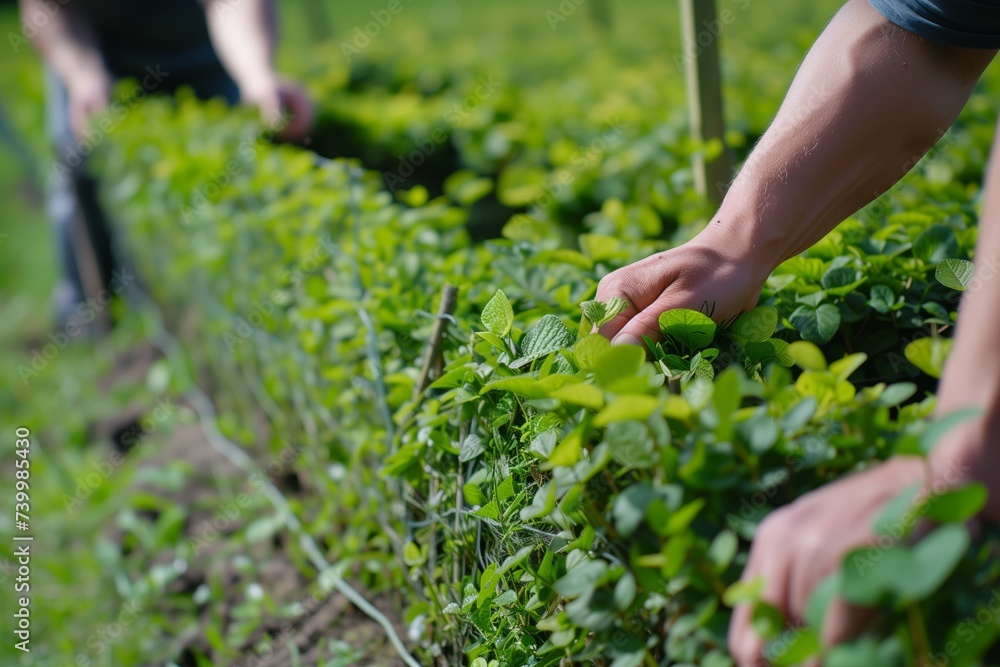 hands planting hedges along a new fence boundary hands planting hedges along a new fence boundary