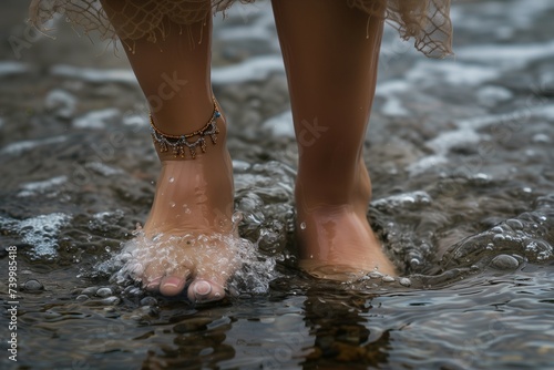 feet with ankle bracelet stepping into water photo