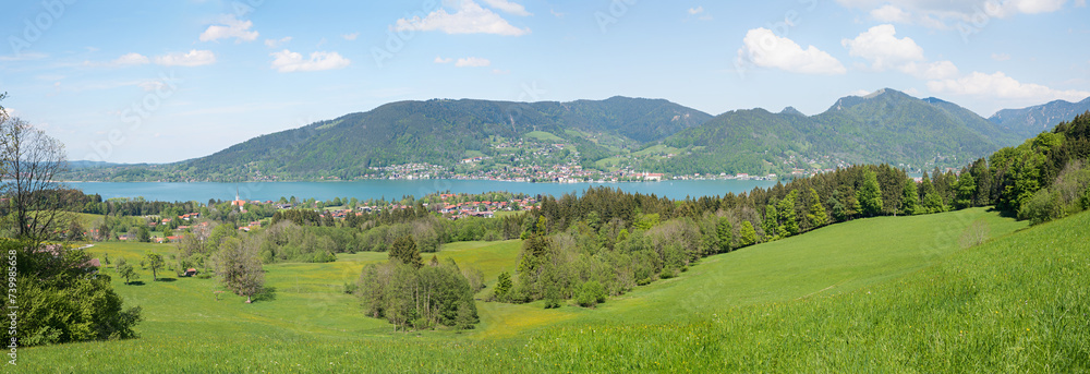 panorama view from Bucherhang hiking trail. spring landscape lake Tegernsee bavarian alps