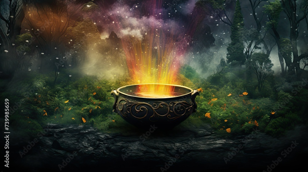 orange lighting rainbow from black iron magic bowl in the midle of the jungle fantasy licky charm shamrock container in st patrick day - obrazy, fototapety, plakaty 