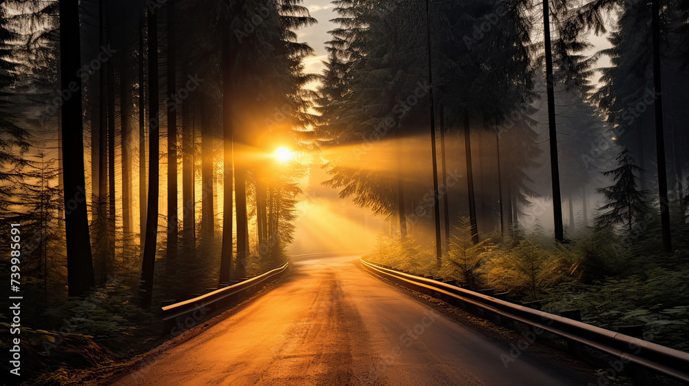 Road in the forest at sunrise created with Generative AI technology