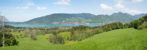 panorama view from Bucherhang hiking trail. spring landscape lake Tegernsee bavarian alps