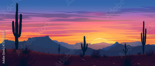 Desert landscape cactus silhouette at sunset